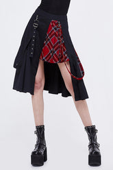 Jupe punk noire et rouge pour jeunes filles, faux 2 pièces à carreaux écossais avec boucles ajustables